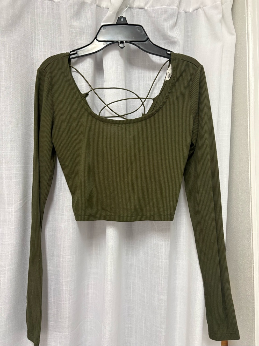 Derek Heart Olive Green Ribbed Long Sleeve Crop Top with Strappy Back